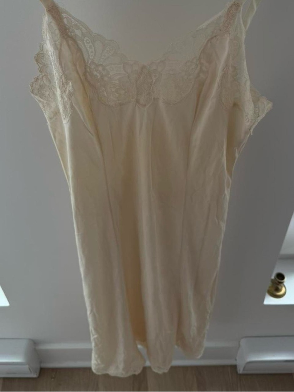 Silk-Feel Lace Trim Slip Dress in Cream